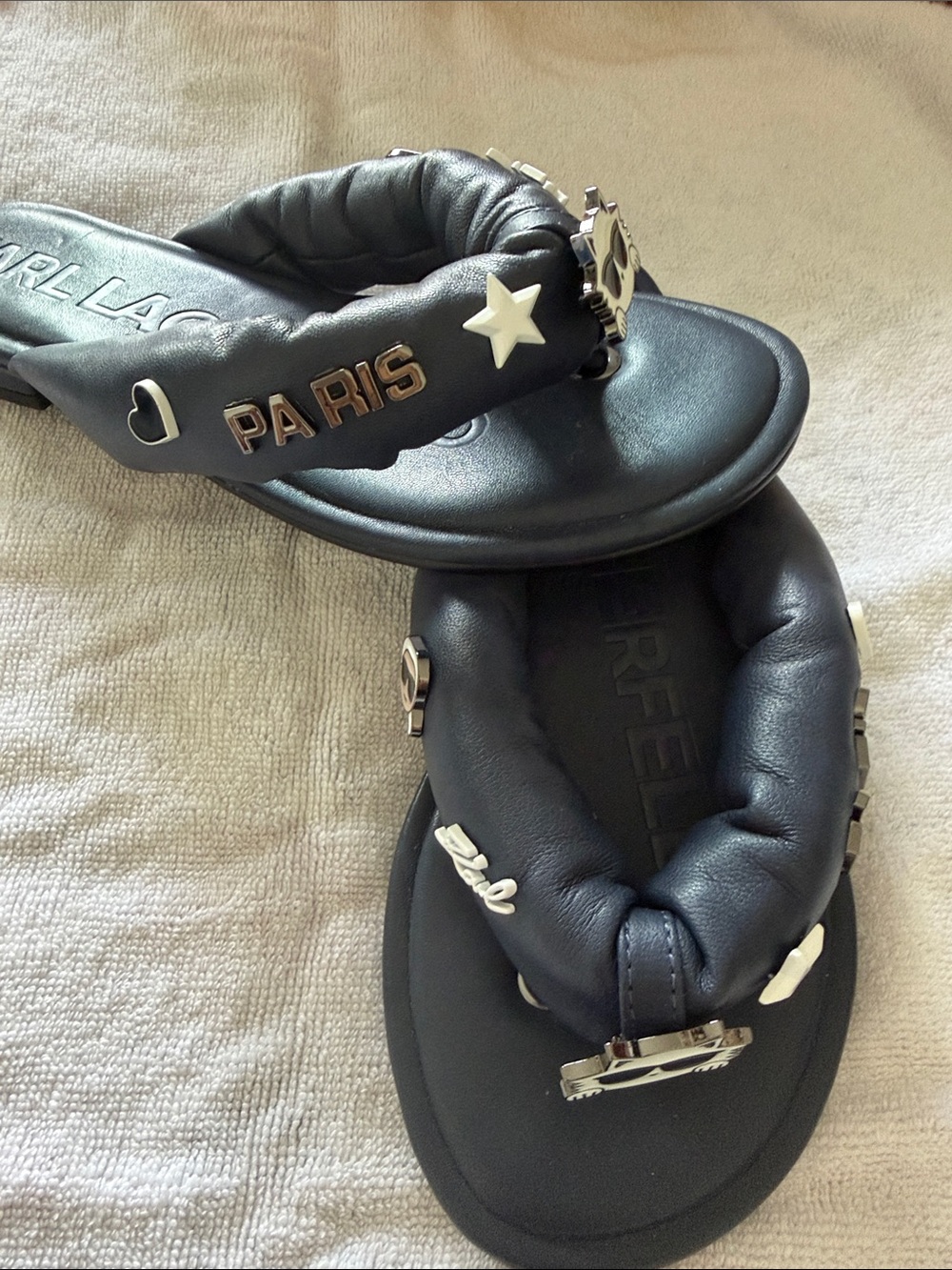 Karl Lagerfeld Black Padded Thong Sandals with Metal Paris Accents